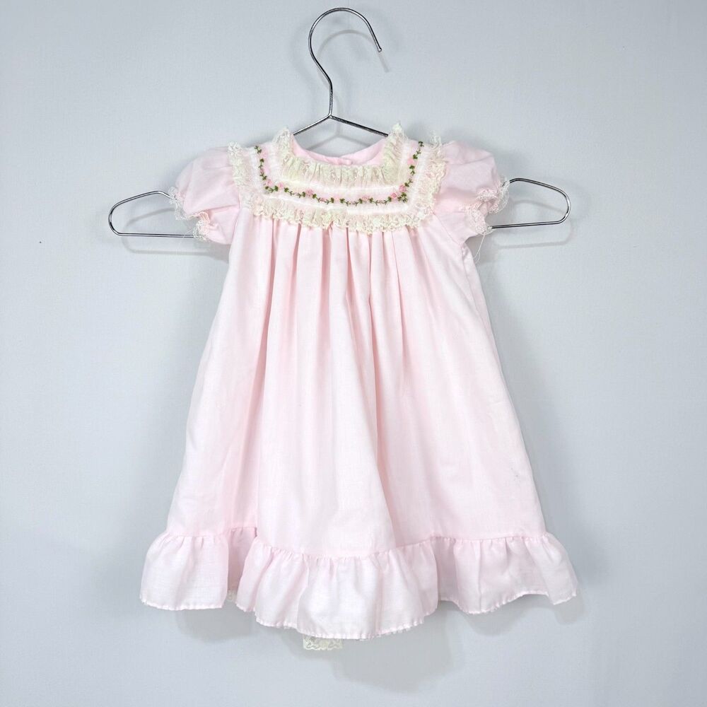 Vintage Baby Girls Pink Dress Handmade Rose, Lace 9 Month